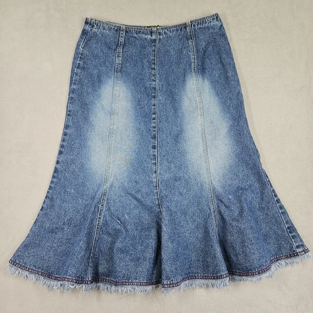 Vintage Quizz New York Denim‎ Skirt 9/10 Frayed Hem Midi Skirt Preppy Y2K Grunge